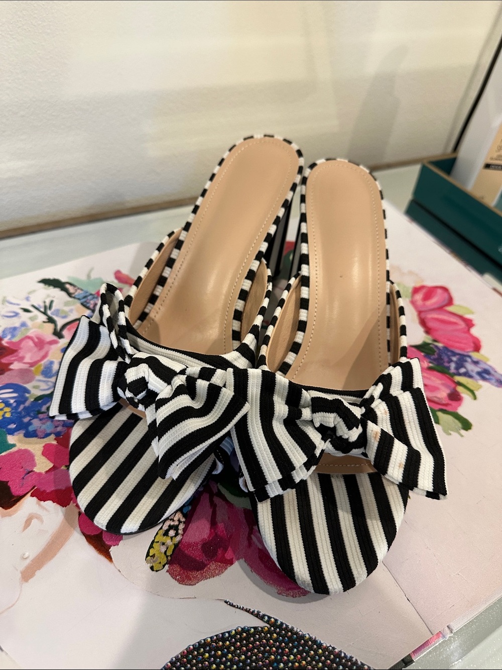 Striped Bow Block Heels - Black & White